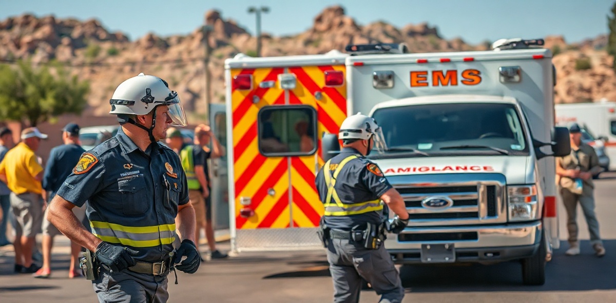 Dynamic EMS paramedics providing medical services at community event