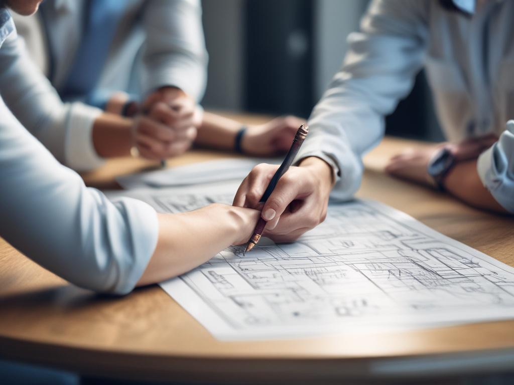 A close-up shot of a professional team collaborating over a digital blueprint on a sleek table. The focus is on the blueprint itself, showcasing clear and structured layouts. The background features a modern office environment with warm lighting, emphasizing a productive and creative atmosphere. The image should be hyper-realistic, shot with a 45mm f/1.2 lens style, compatible with the rgb(21, 196, 244) primary color.