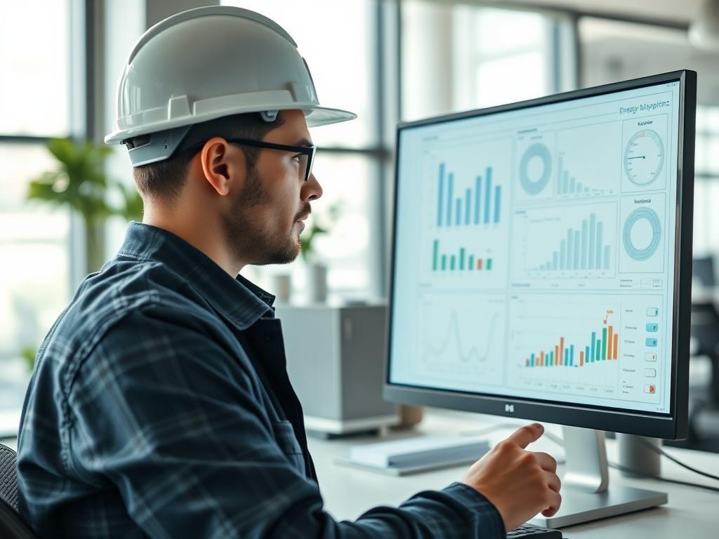An engineer reviewing a detailed energy blueprint on a computer