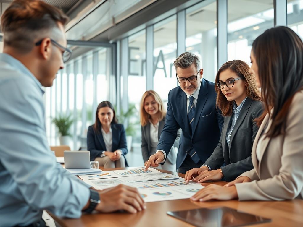 A professional meeting in a modern office setting, showcasing a