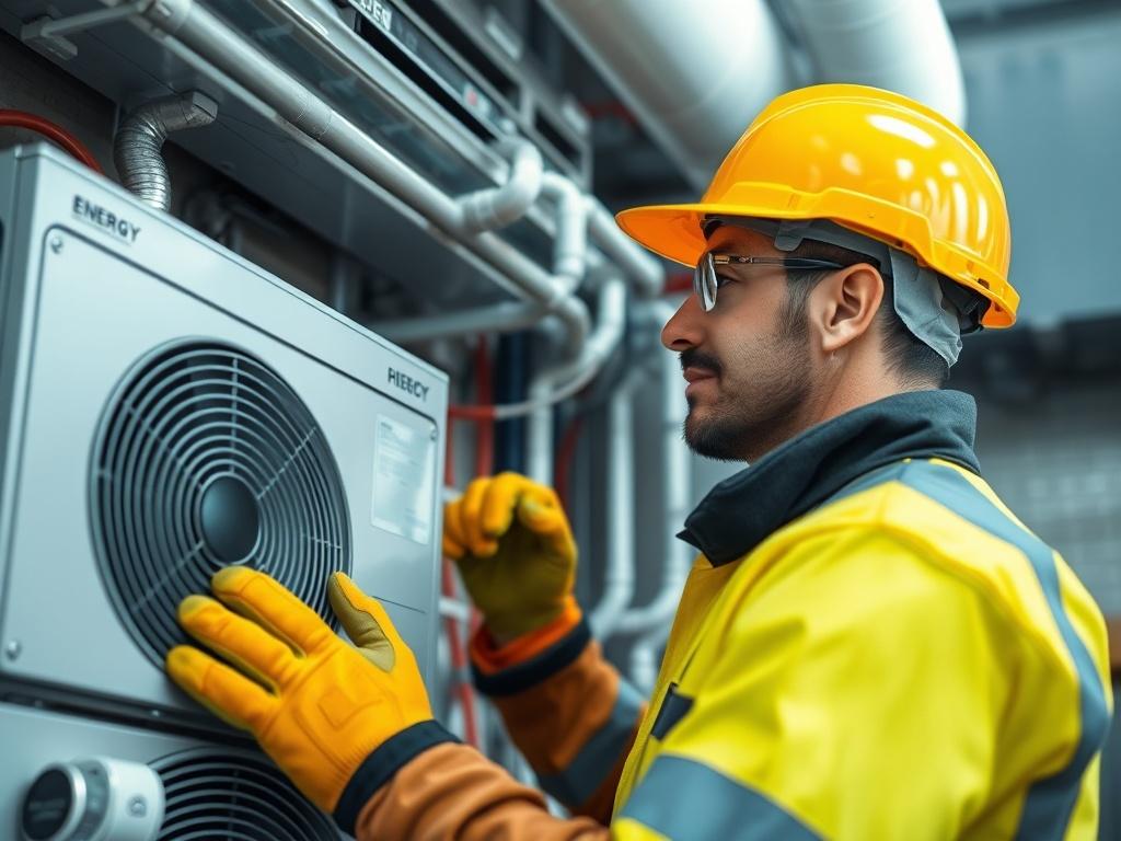 A close-up shot of a professional technician in a safety helmet and work gloves inspecting an advanced HVAC system in a commercial building. The technician is focused and engaged, surrounded by modern electrical panels and energy-efficient installations. The background is slightly blurred to emphasize the technician and the equipment, creating a realistic and high-resolution image that reflects expertise in technical services.