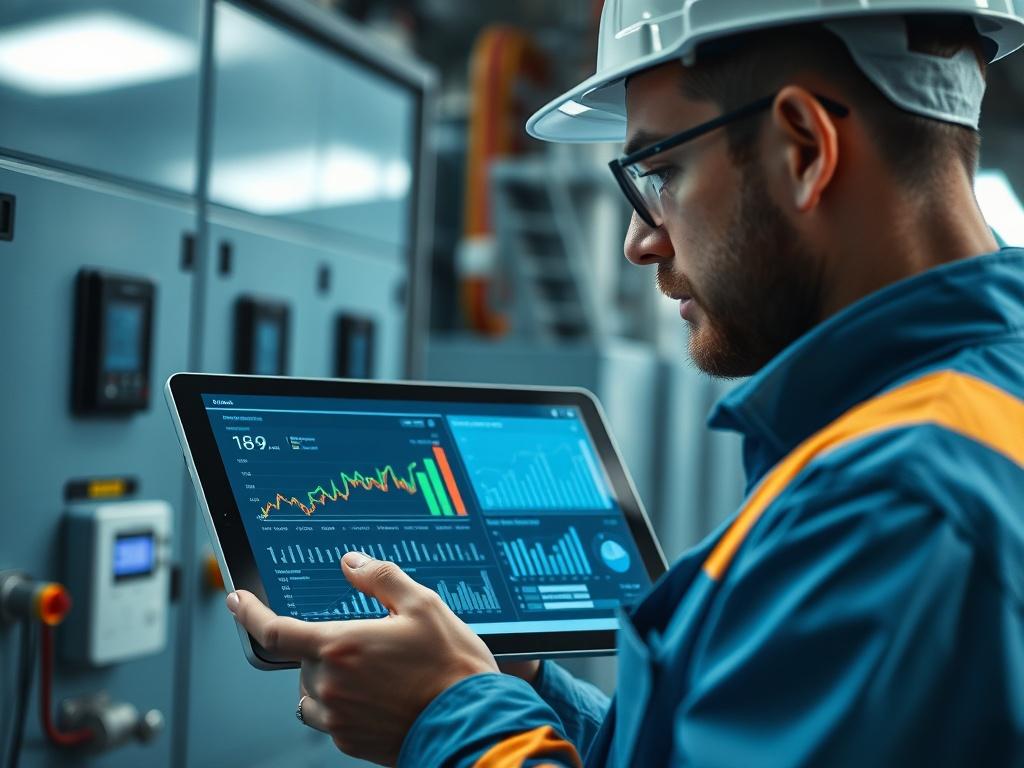 A close-up shot of an engineer analyzing energy consumption data on a digital tablet, with charts and graphs displayed on the screen. The engineer is focused and in a modern industrial environment, surrounded by energy-efficient equipment. The background is slightly blurred to emphasize the subject, and the color scheme incorporates shades of blue to align with the brand's primary color (rgb(28, 117, 188)). The image should convey a sense of innovation and sustainability.