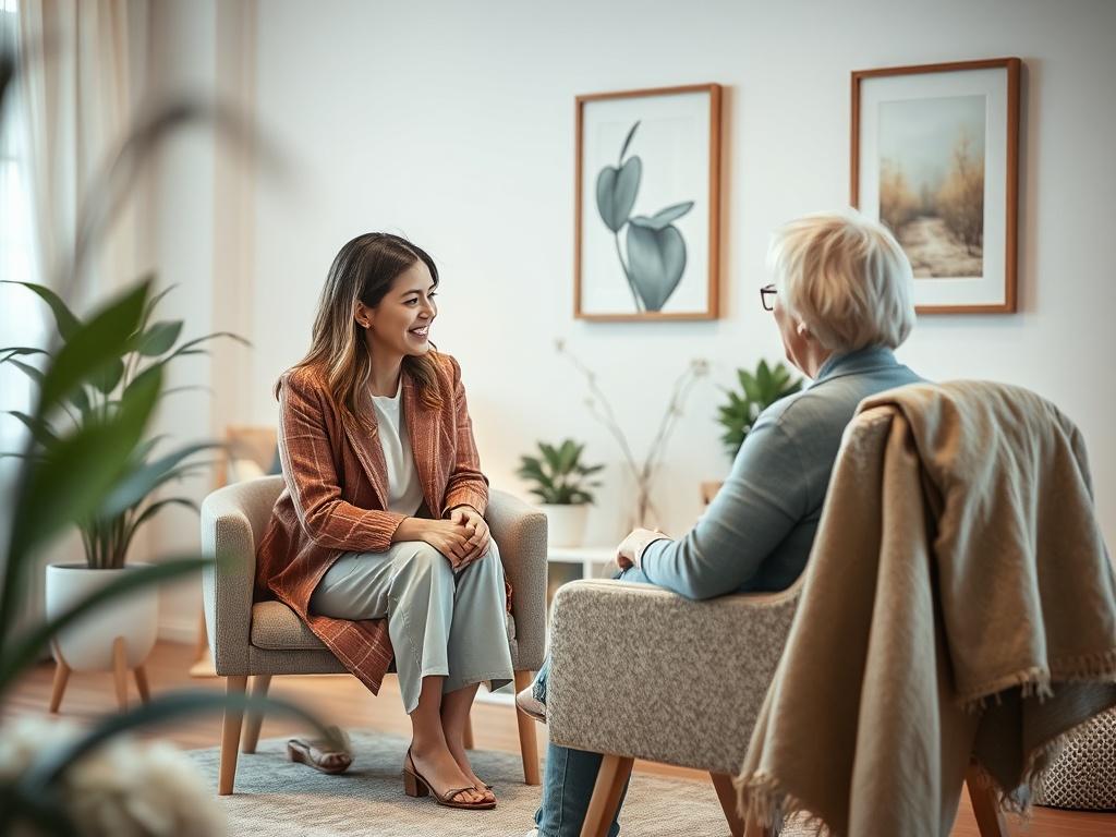 A serene therapy room with soft lighting and comfortable seating. A warm, inviting atmosphere is created with soothing colors and natural elements such as plants. A therapist and a client are engaged in a supportive conversation, showcasing an empathetic connection. The background features calming artwork and a cozy blanket draped over a chair, enhancing the feeling of safety and healing.