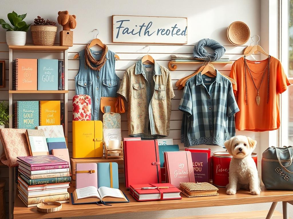 A vibrant display of faith rooted products, including colorful journals,