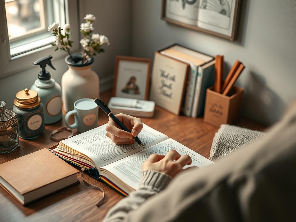 A person writing in a beautifully designed journal, surrounded by