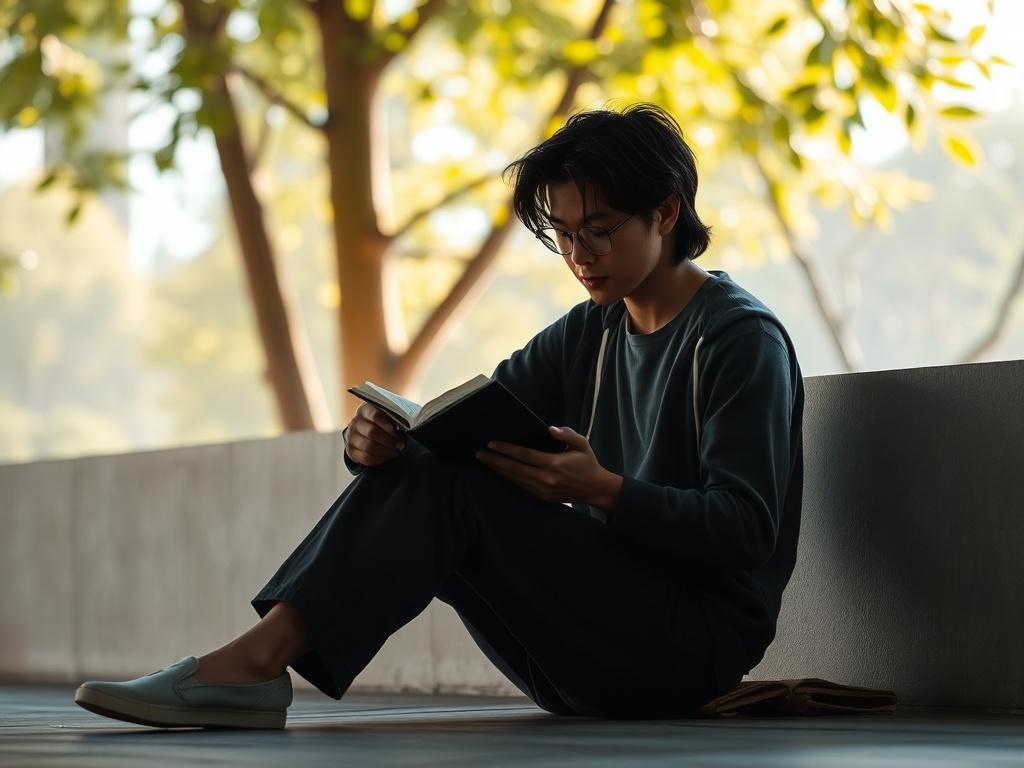 A serene, minimalistic setting with a person sitting quietly with