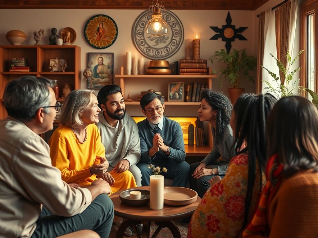 A diverse group of people gathered in a cozy setting,