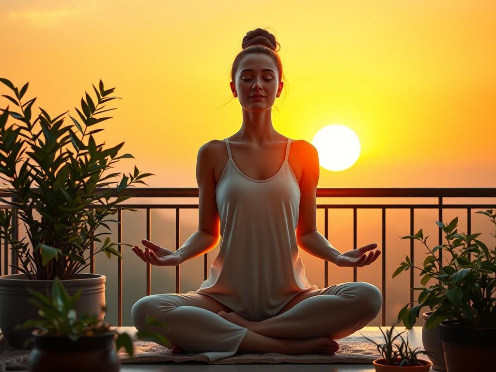 A serene morning scene featuring a person meditating on a