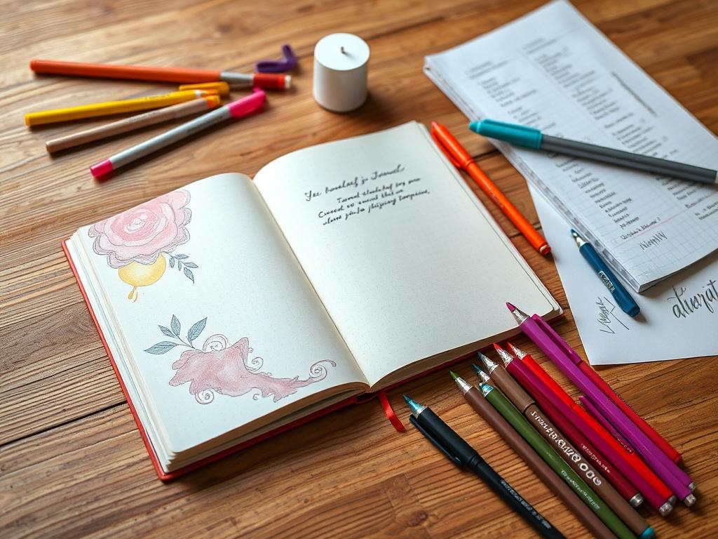 An artistic flat lay of a beautifully designed journal, vibrant