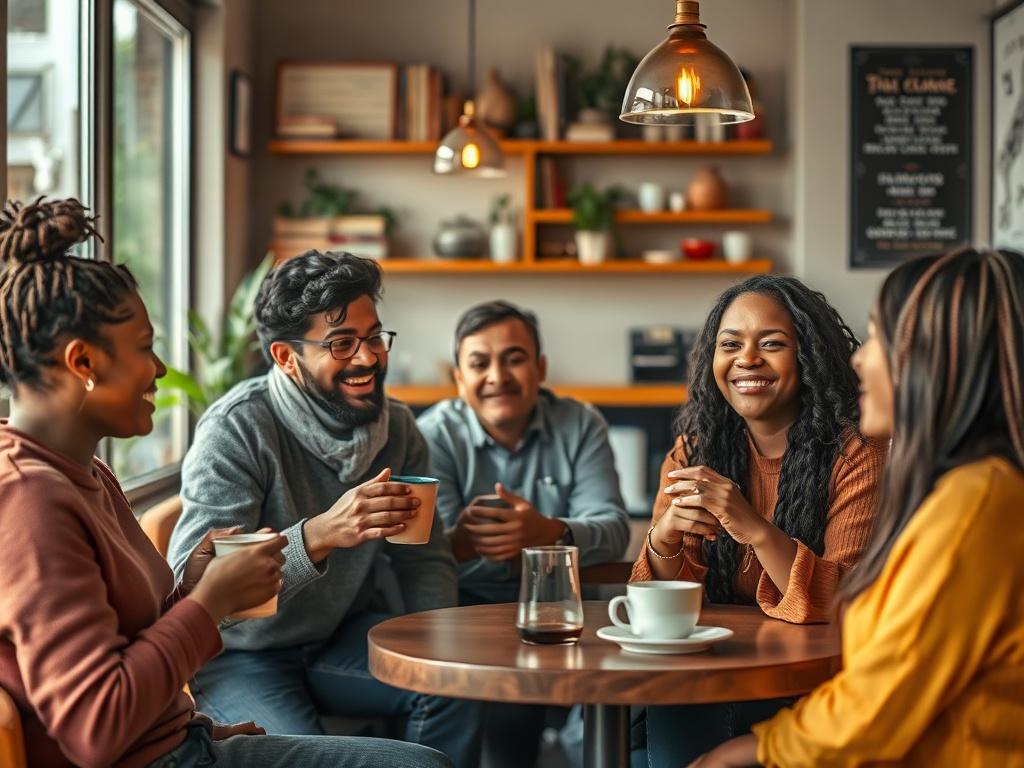 A diverse group of people gathered in a cozy coffee