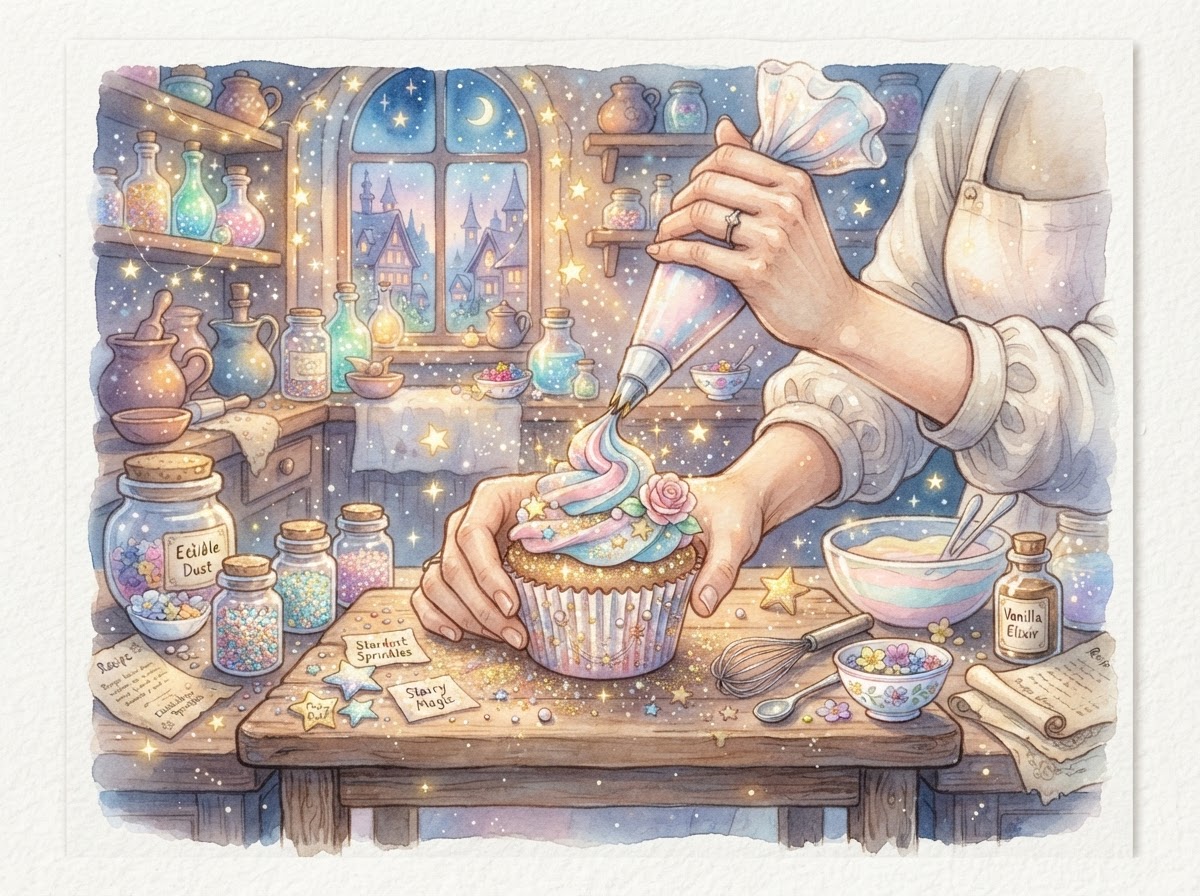 Hollie's cozy home bakery kitchen with cupcakes cooling and twinkling stars outside the window