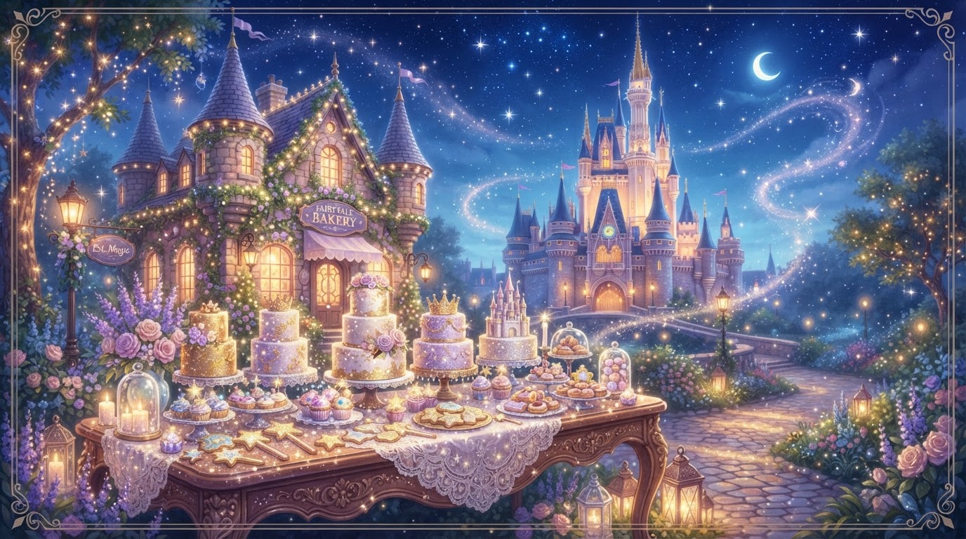 A magical fairytale bakery wonderland with sparkling cupcakes, tiered cakes and a glowing storybook castle