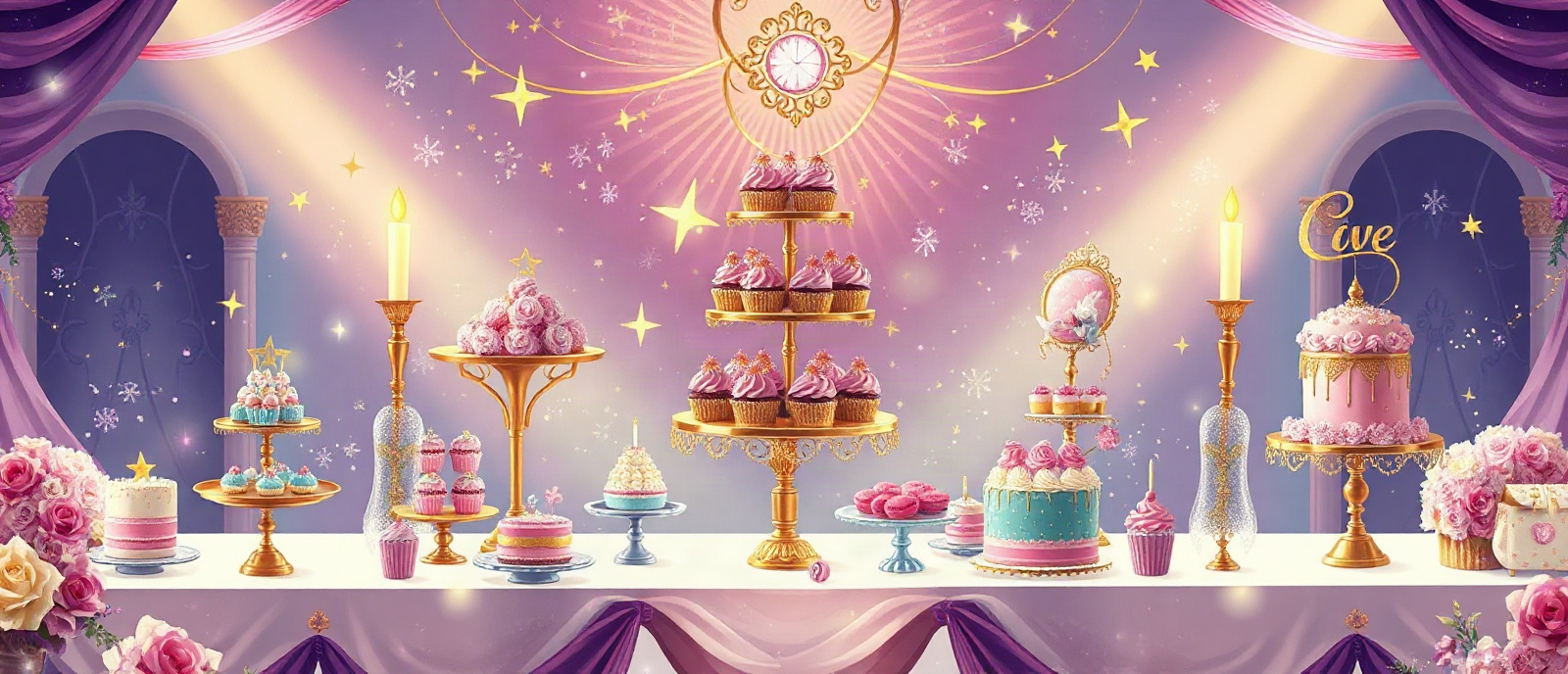 A grand dessert table banquet with tiers of cupcakes, cookies and cakes on golden stands