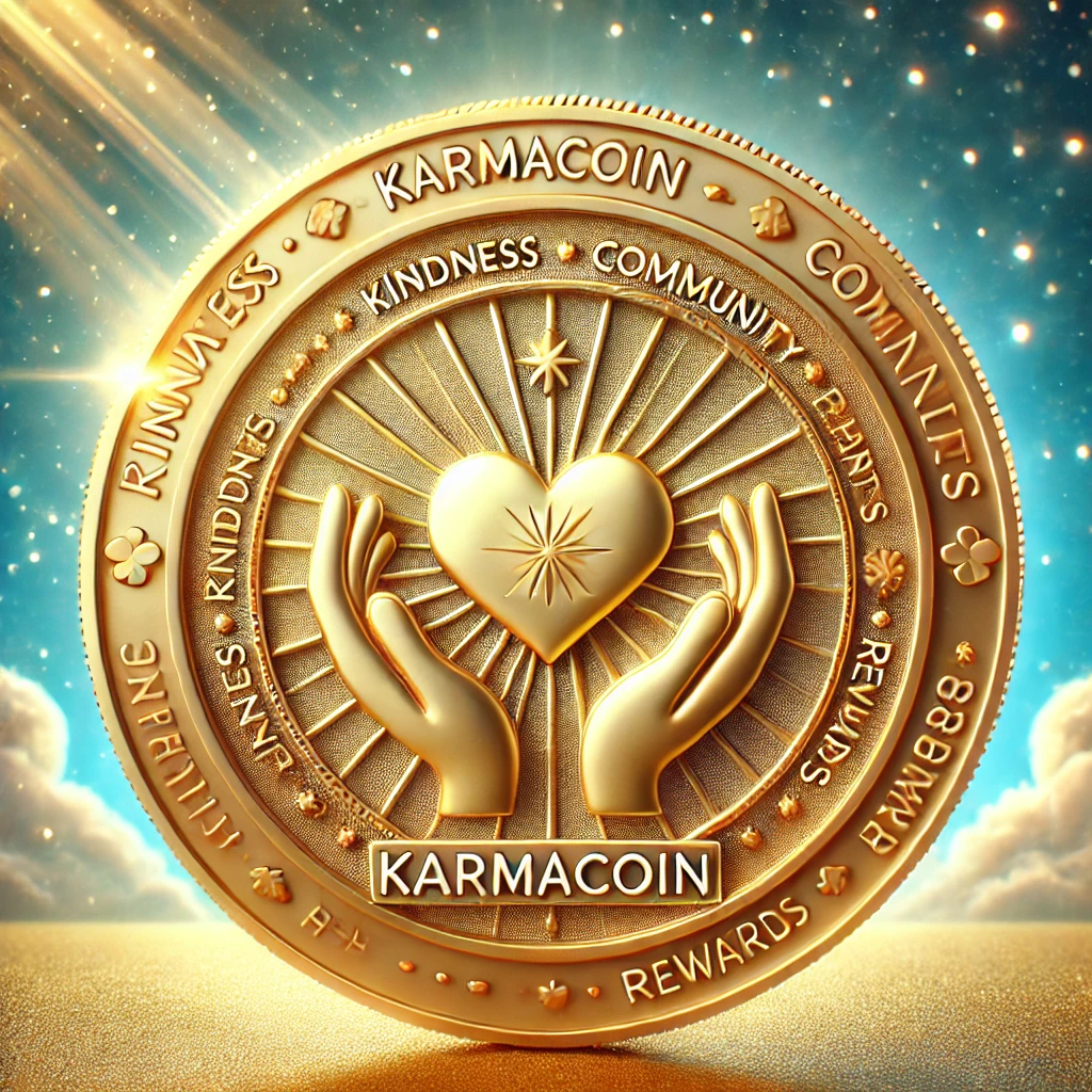 dall·e 2024-11-29 11.59.09 - a digital coin design for 'karmacoin', symbolizing community and kindness. the coin is golden with a glowing aura, featuring a heart and hands motif i.webp
