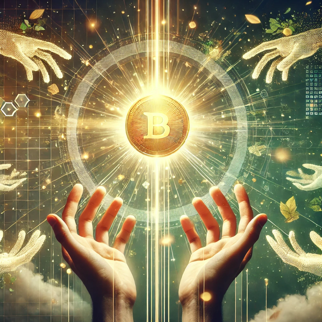 dall·e 2024-11-29 13.00.29 - a creative and symbolic image representing the mission of 'karmacoin,' focusing on community-driven impact and kindness. the artwork features a glowin.webp