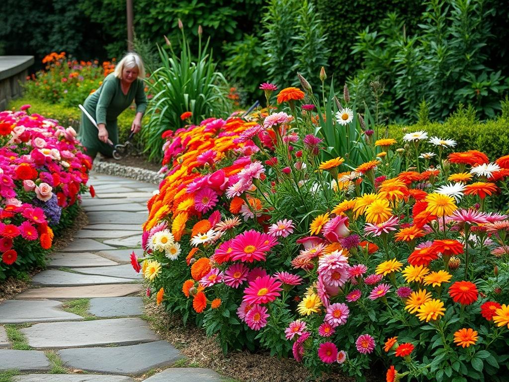 A beautifully arranged flower bed bursting with colorful flowers, including