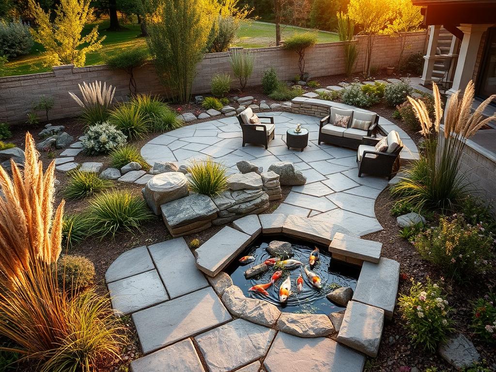 An elegant backyard landscape design featuring a stone patio, water