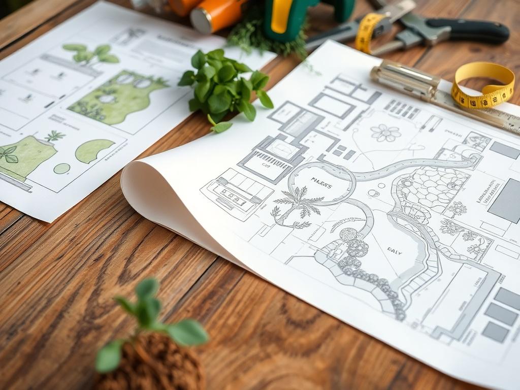 A detailed landscape design plan laid out on a wooden