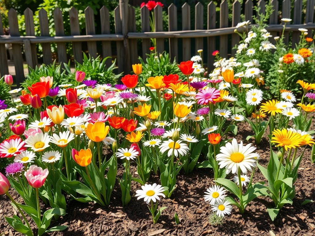 A vibrant flower bed filled with various blooming flowers in