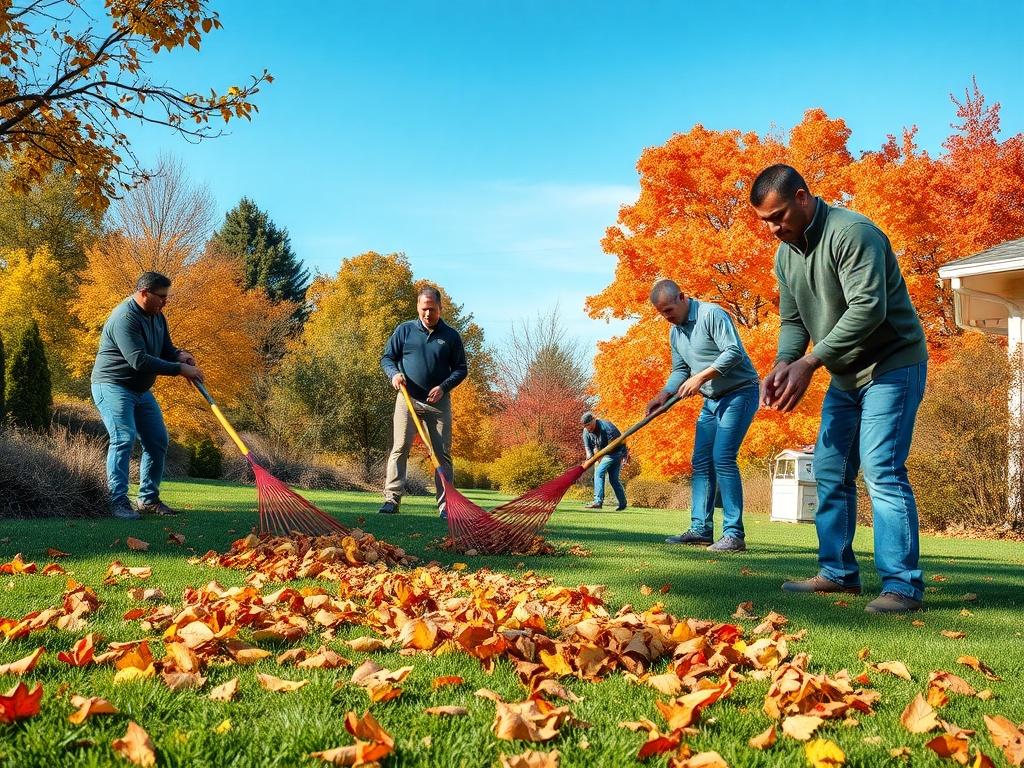 A landscape scene showcasing a team of professionals raking leaves