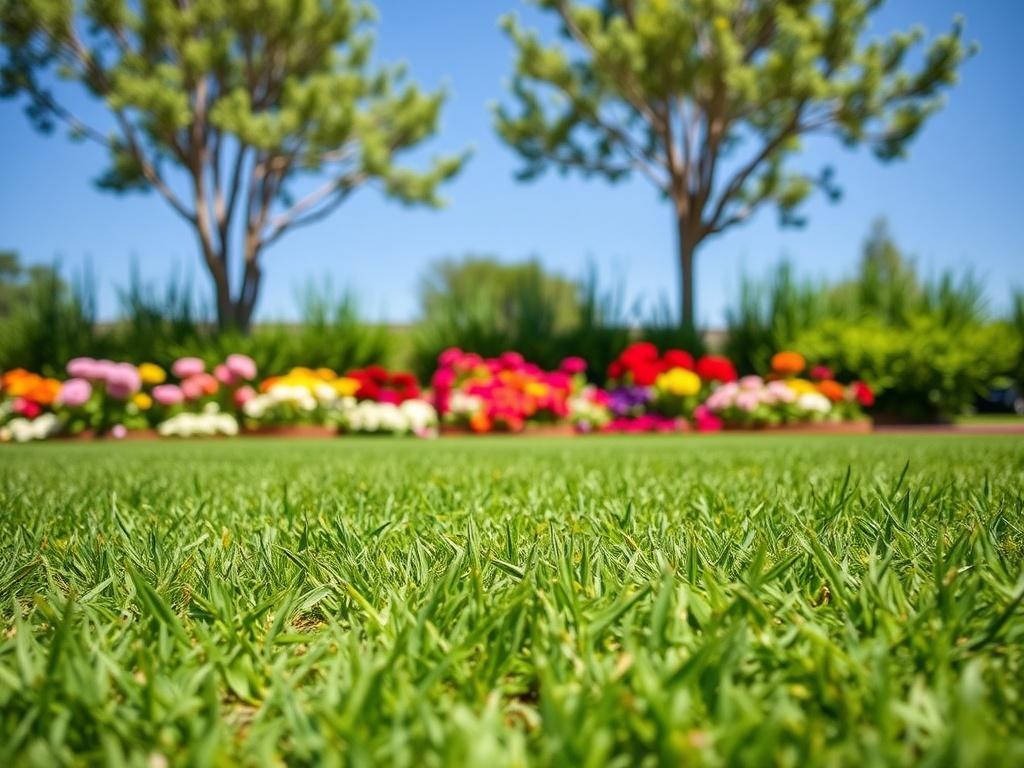 A vibrant, well maintained lawn with lush green grass, surrounded