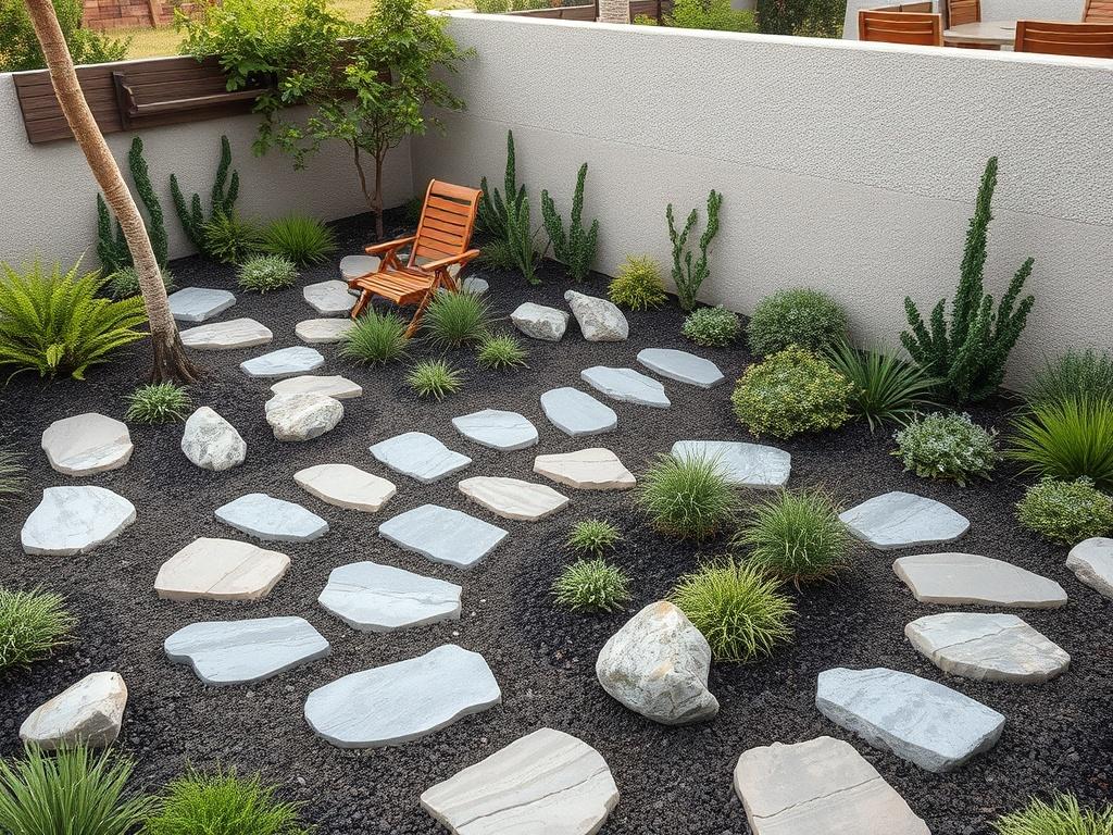 A beautifully designed garden landscape featuring a variety of plants,