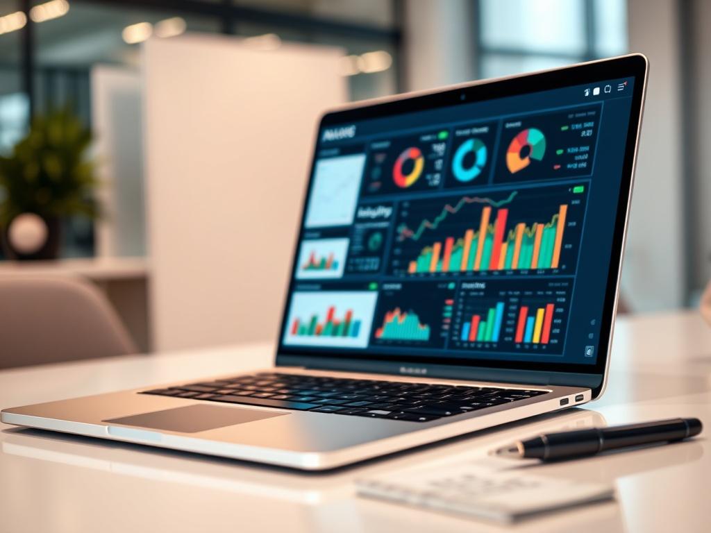 A close-up shot of a modern financial analytics dashboard displayed on a sleek laptop. The laptop is positioned on a clean, minimalist desk with a notepad and a pen beside it. The dashboard features colorful graphs, charts, and data visualizations, showcasing various financial metrics and analytics. The background is softly blurred to emphasize the laptop and the financial data, while the overall ambiance is bright and professional, reflecting a contemporary office setting.