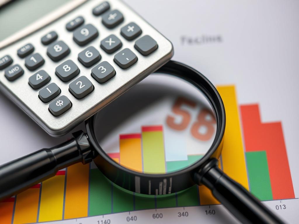 A close-up shot of a calculator resting on top of a magnifying lens, which is placed over a colorful histogram. The calculator should have visible buttons and a clear display, while the magnifying lens should create a slight distortion effect on the histogram below. The histogram should feature vibrant colors representing different data points, and the background should be softly blurred to emphasize the subjects in focus. The overall composition should be simple and clear, highlighting the relationship bet