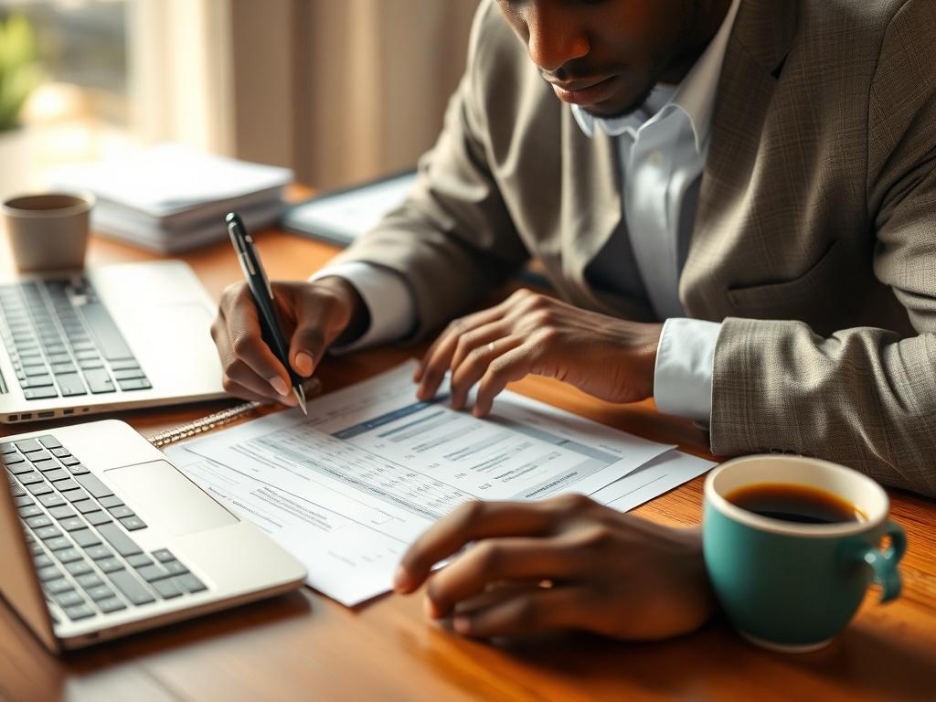 A close-up shot of a focused accountant analyzing financial documents on a wooden desk, with a calculator, laptop, and a cup of coffee in the background. The accountant is of African descent, wearing business attire, and surrounded by an organized workspace. The lighting is warm and inviting, emphasizing the professionalism and detail-oriented nature of the accounting process.