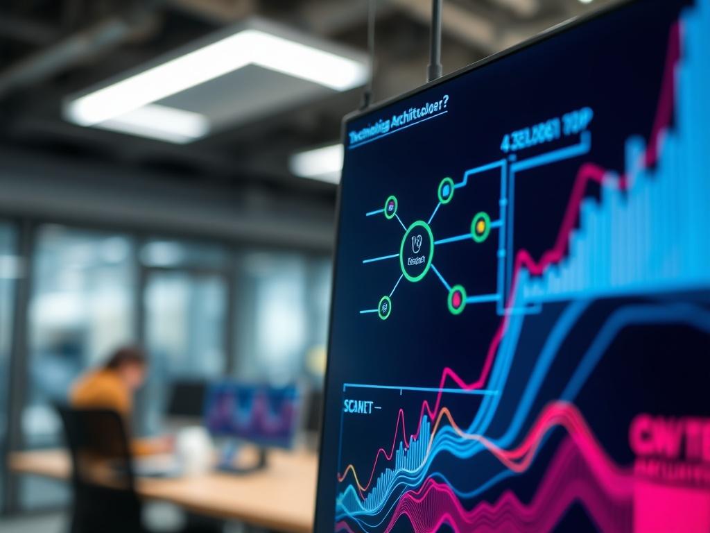 A close-up shot of a sleek, modern technology architecture diagram displayed on a digital screen. The background features a blurred office environment, emphasizing a high-tech atmosphere. The diagram includes interconnected nodes, representing various components of technology systems, with vibrant colors that pop against the digital screen. The image is shot with a 45mm f/1.2 lens style to create a hyper-realistic effect.