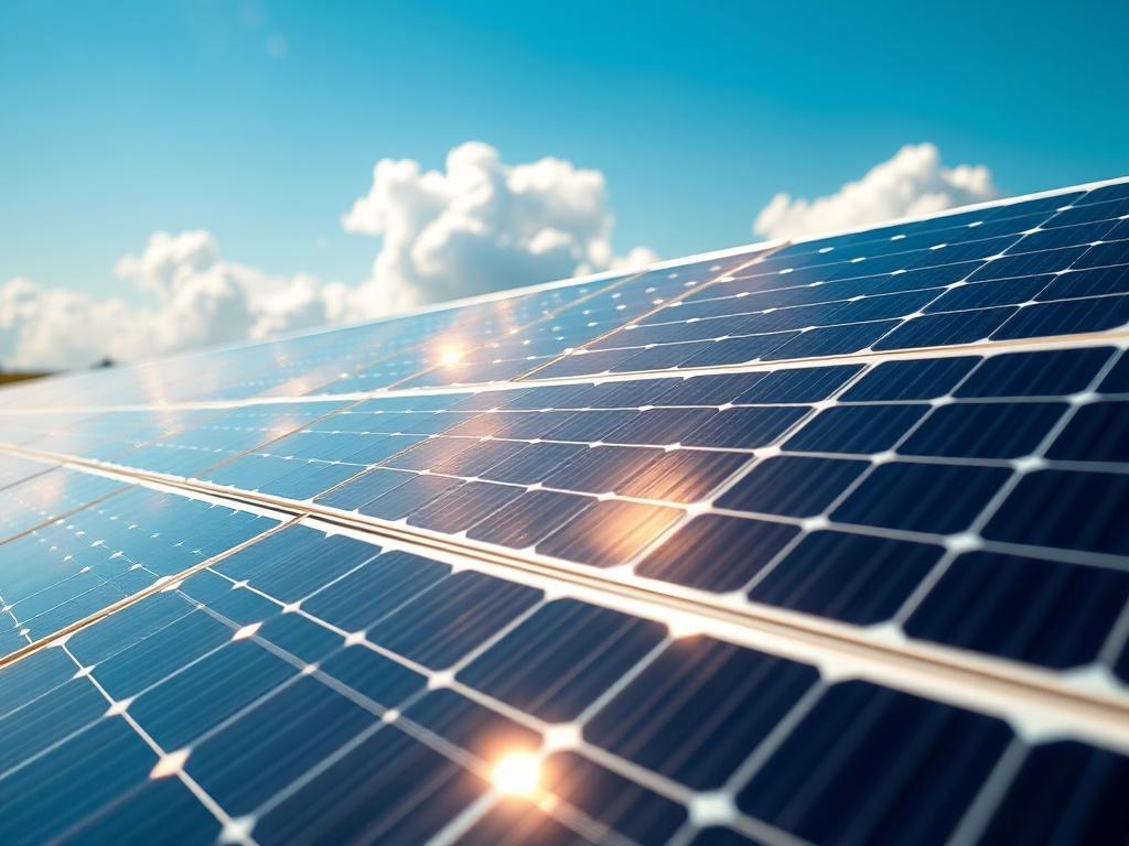 A hyper-realistic close-up shot of a solar panel farm, showcasing rows of solar panels gleaming under the bright sun. The background features a clear blue sky with a few fluffy clouds. The foreground highlights the intricate details of the solar panels, capturing the reflections and textures, emphasizing the innovation and sustainability of solar energy.