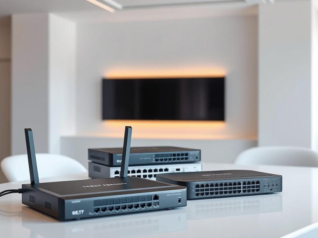 A modern networking setup featuring sleek routers and switches in
