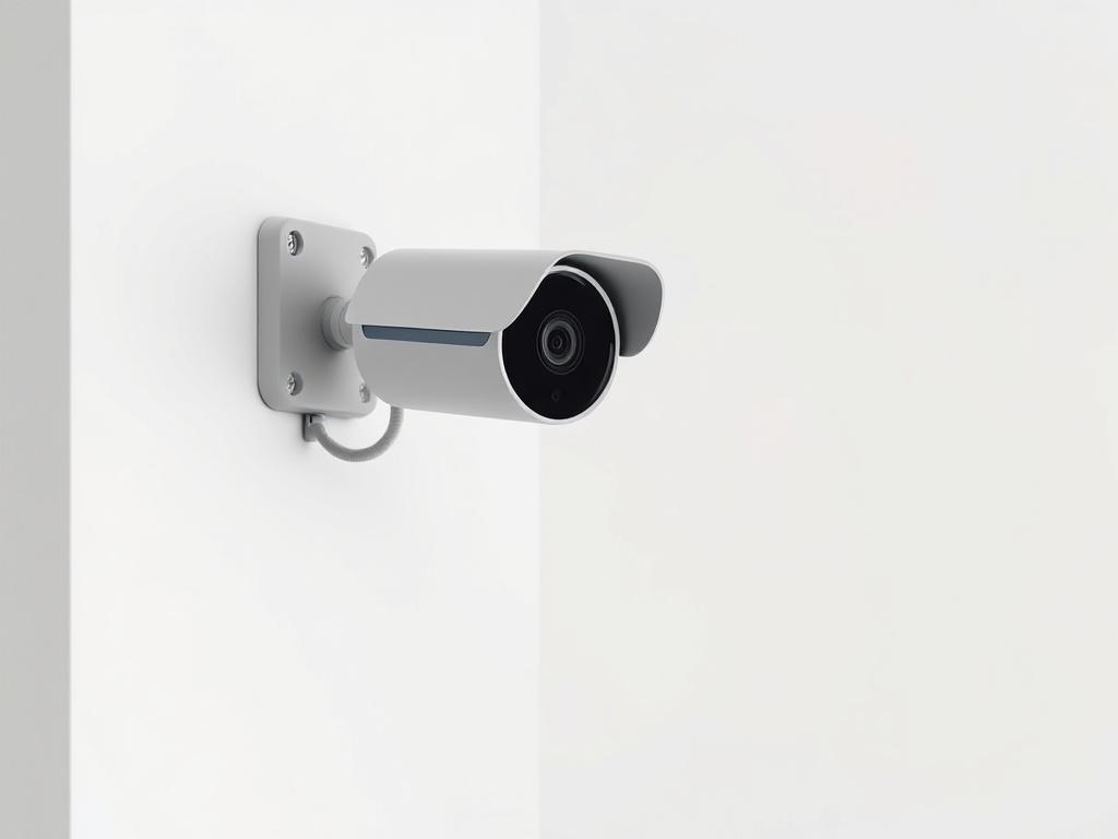 A high-resolution image of a sleek, modern security camera mounted on a minimalist wall. The camera should exhibit advanced technology features with clean lines and a sophisticated design, reflecting a premium quality. The background should be a simple, uncluttered space that emphasizes the camera's elegant appearance, with soft lighting to highlight its details. The overall composition should convey a sense of security and modernity.