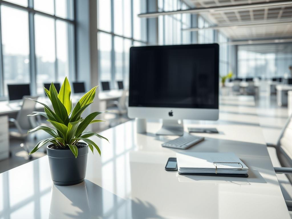 A clean, modern office space showcasing a pristine work desk