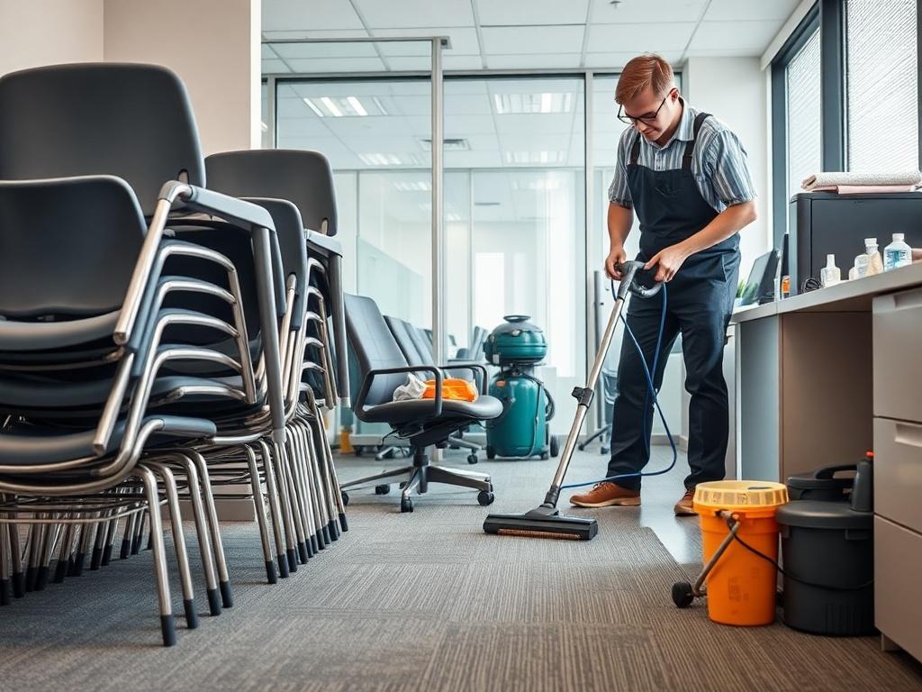 An office undergoing deep cleaning, featuring a team member using