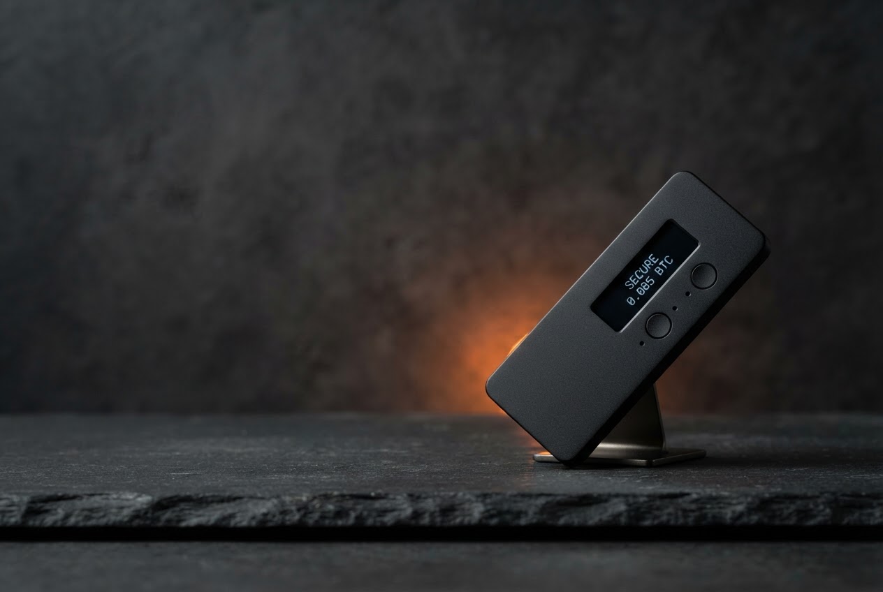 A compact hardware wallet device on a dark graphite surface