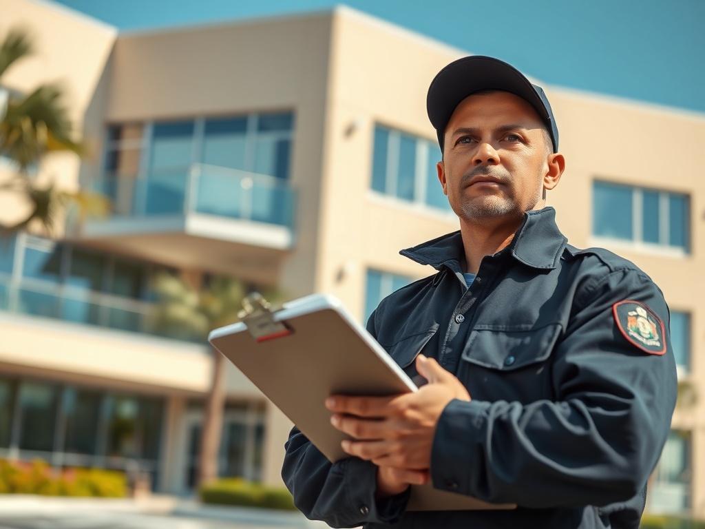 A realistic high-resolution photo of a security guard monitoring a property with a clipboard in hand, wearing a professional uniform. The background shows a well-maintained commercial building with clear blue skies. The focus is on the guard's attentive expression, showcasing diligence and professionalism in a clean and organized environment.