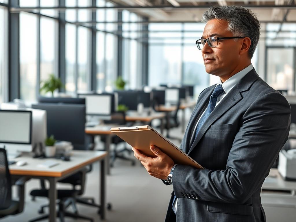 **Prompt for AI Image Generation:**

Create a realistic high-resolution photograph that visually represents the concept of "Die Bedeutung von Facility Management." The image should feature a professional facility manager in a modern office environment as the sole subject. The facility manager, a middle-aged person of diverse descent, should be depicted while actively assessing the condition of the office space, holding a clipboard and wearing a smart business attire. 

The background should incorporate elem