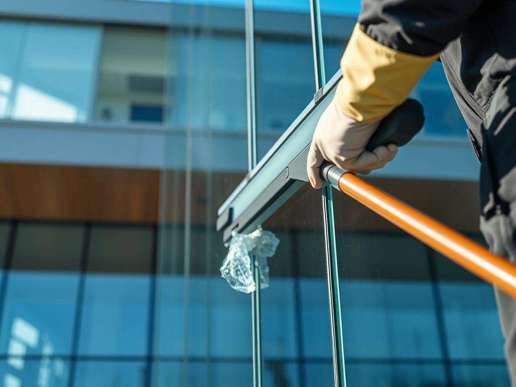 A hyper-realistic close-up of a professional cleaner using a squeegee to clean a large glass window on a modern building. The focus is on the gleaming glass surface reflecting the blue sky and sunlight. The background shows a sleek, contemporary facade of the building with clear lines and minimalistic design. The image captures the essence of cleanliness and professionalism in facility management.