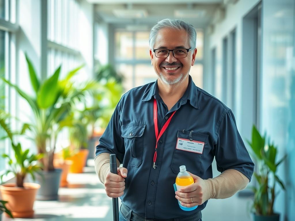 A hyper-realistic close-up shot of a janitor in a clean, well-maintained building. The janitor, a middle-aged man wearing a professional uniform with a badge, is seen smiling as he holds a mop in one hand and a cleaning solution in the other. The background showcases a bright, spotless hallway with indoor plants and natural light coming through large windows, emphasizing cleanliness and professionalism. The image should be vibrant and inviting, with a color palette that includes shades of green and blue.