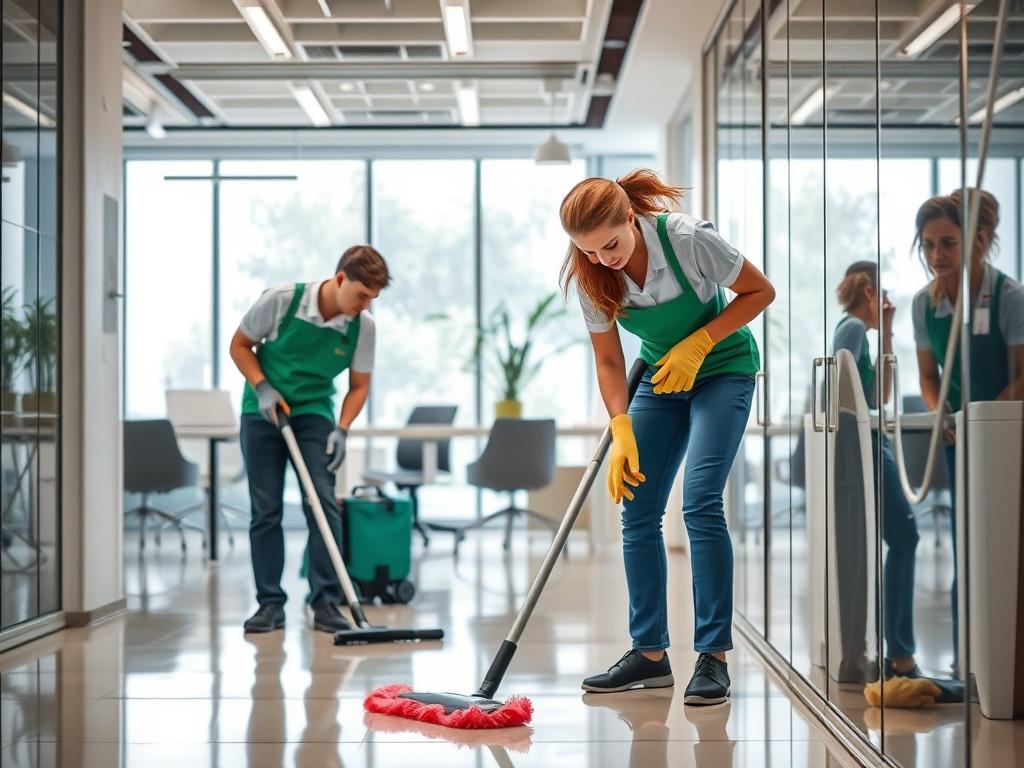 A realistic high-resolution photo of a professional cleaning team in action, focused on a modern office building interior. The scene captures one cleaner using a vacuum cleaner, while another wipes down surfaces with a cloth. The background shows clean and organized office spaces with natural light coming through large windows. The overall atmosphere is fresh and tidy, emphasizing the effectiveness of the cleaning services. The image should reflect a vibrant and welcoming environment, compatible with the pr