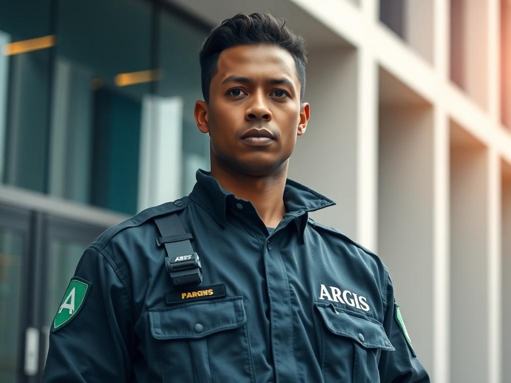A hyper-realistic close-up shot of a professional security guard in uniform standing confidently in front of a modern building. The guard is focused and attentive, with a serious expression, showcasing a sense of reliability and safety. The background features a contemporary architectural design, with soft natural lighting highlighting the scene. The color scheme incorporates shades of green to align with ARGIS's branding.