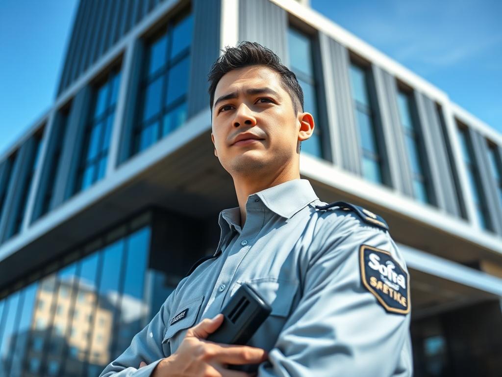 A realistic high-resolution photo showcasing a professional security guard standing vigilant in front of a modern commercial building. The guard is wearing a crisp uniform, with a serious yet approachable expression, holding a communication device. The background features the sleek architecture of the building and a clear blue sky. Composition is simple and clear, focusing solely on the guard and the building, emphasizing safety and professionalism.