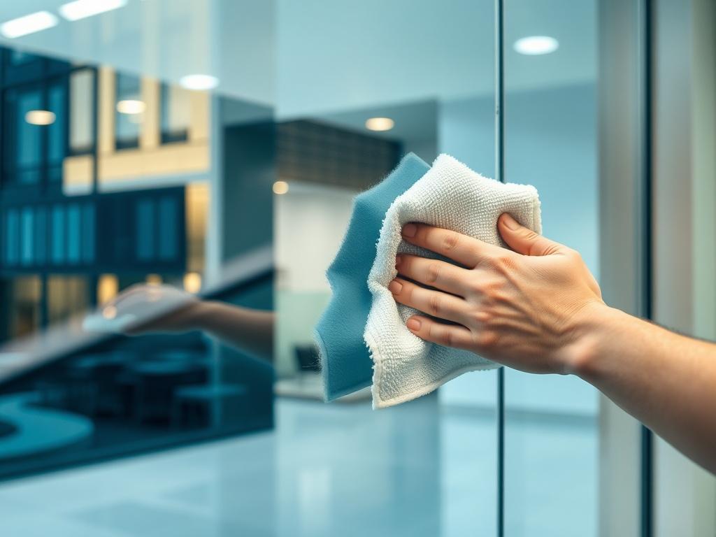 A hyper-realistic close-up shot of a professional glass cleaner in action. The scene shows a person using a microfiber cloth to wipe a large glass window, with reflections of a modern office building in the glass. The background is blurred to keep the focus on the cleaning process, emphasizing the clarity of the glass and the shiny finish after cleaning. The overall color scheme should complement a clean and fresh atmosphere, aligning with the #062767 primary color.
