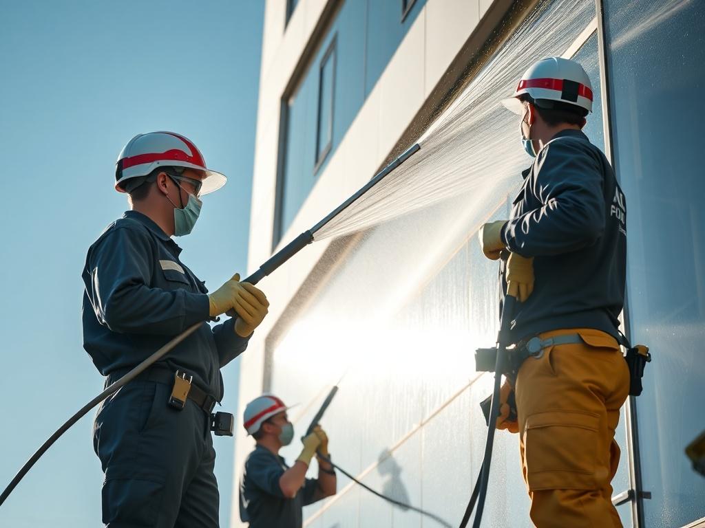 A realistic high-resolution photo of a professional cleaning team in action during a facade cleaning. The team is using high-pressure water jets to clean a modern building facade. The background shows a clear blue sky and the building's glass windows reflecting the sunlight. The focus is on the cleaning process, showcasing the team’s professionalism and expertise.