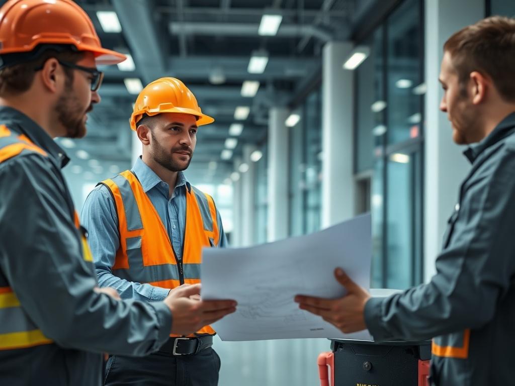 A hyper-realistic image of a facility manager discussing plans with a maintenance team in a modern office building. The scene should depict teamwork and organization, with blueprints and tools visible, conveying a sense of professionalism and efficiency.