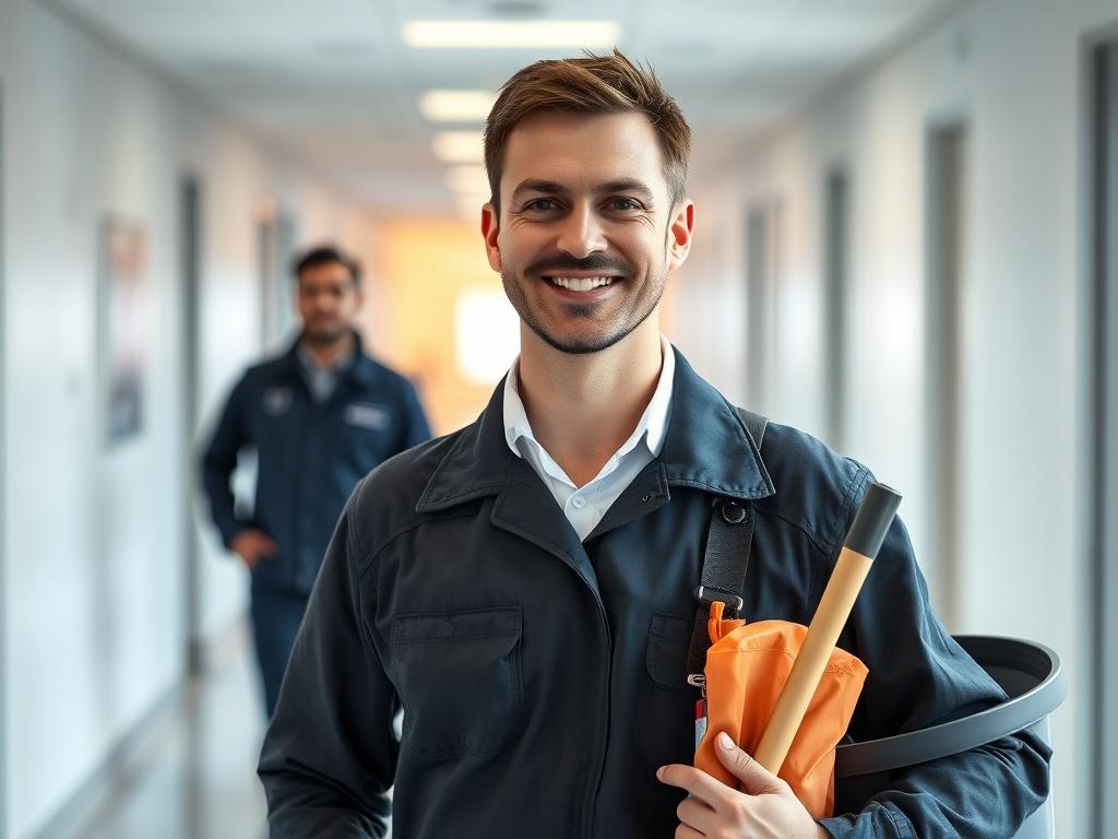 A realistic high-resolution close-up shot of a friendly janitor in a clean environment, wearing a neat uniform with tools in hand, such as a mop and a bucket. The background should be a well-maintained hallway of a commercial building, showcasing cleanliness and order. The lighting should be bright and inviting, emphasizing the professionalism and approachability of the janitor.