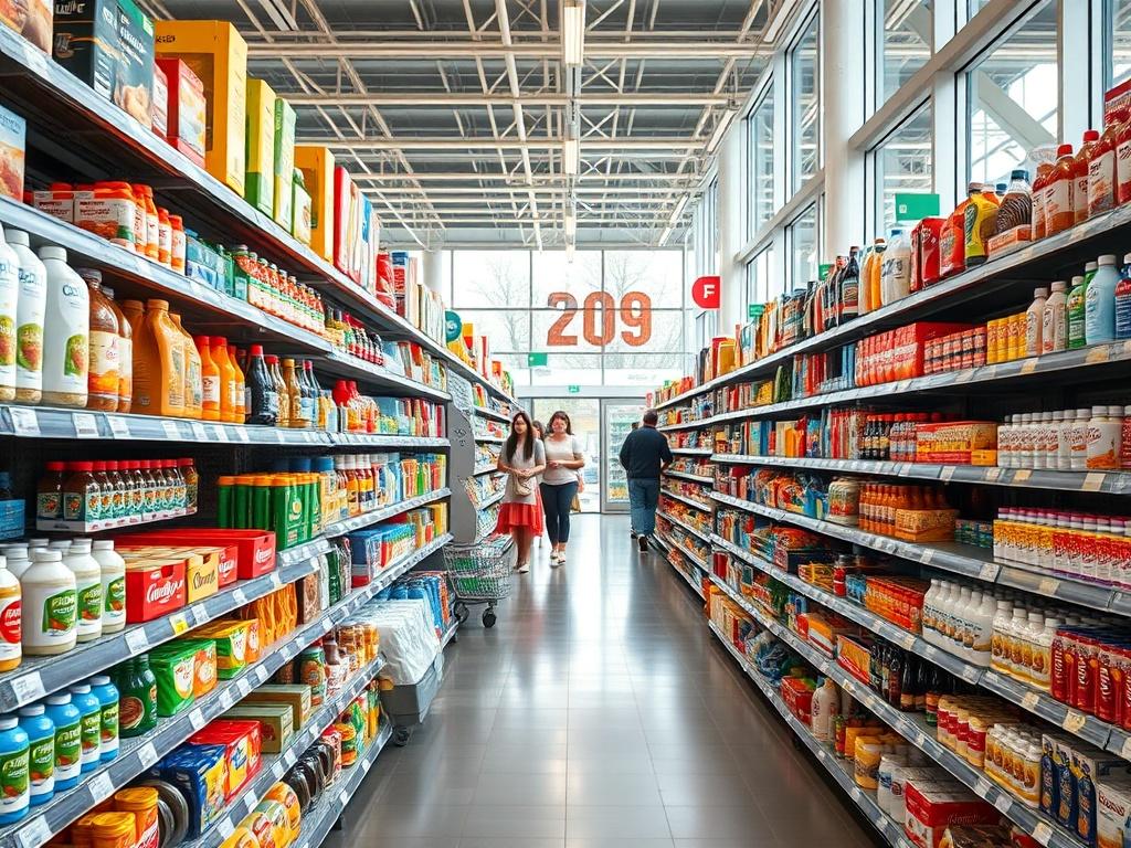A realistic high-resolution photo showcasing a modern, well-stocked shopping store. The composition should focus on a wide aisle filled with various products, including groceries, household items, and personal care products. The background should be bright and welcoming, with natural light streaming in through large windows, and customers happily browsing the aisles. The overall atmosphere should convey a sense of abundance and convenience.