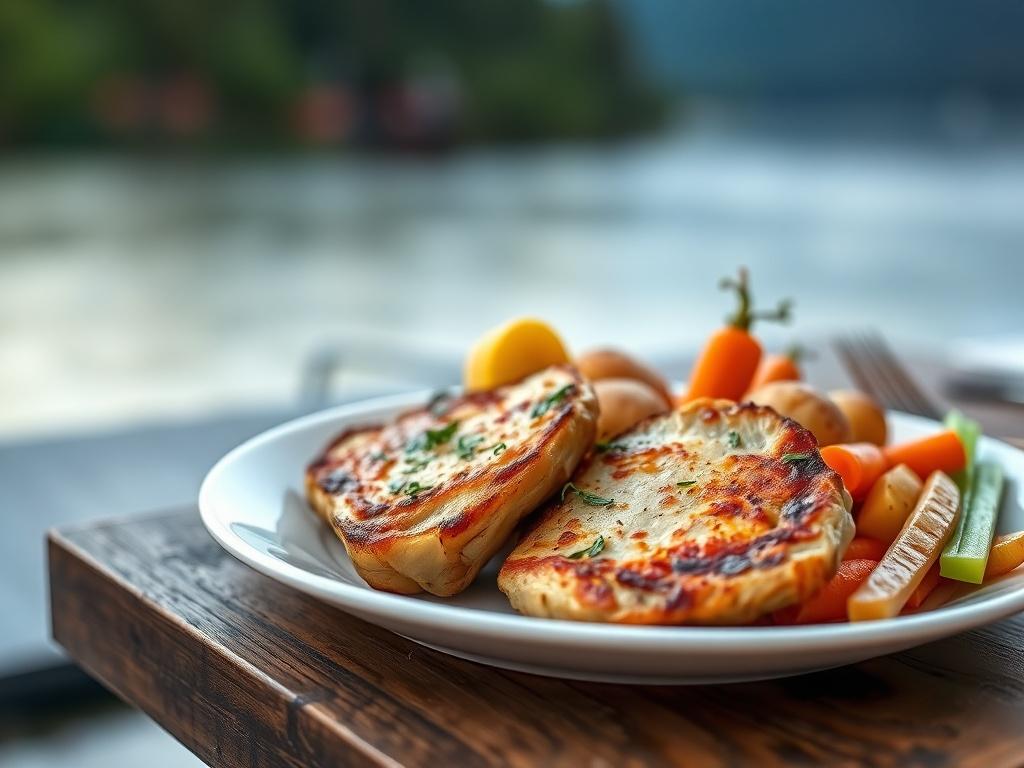 A beautifully plated dish featuring pan-fried pork chops, golden brown and succulent, garnished with fresh herbs. Accompanying the pork chops are vibrant, colorful vegetables including tender potatoes, bright orange carrots, and green celery, all arranged artfully on a simple white plate. The background should be softly blurred to evoke a cozy lakeside atmosphere with gentle lighting, enhancing the peaceful and inviting vibe of a lakeside Airbnb setting.