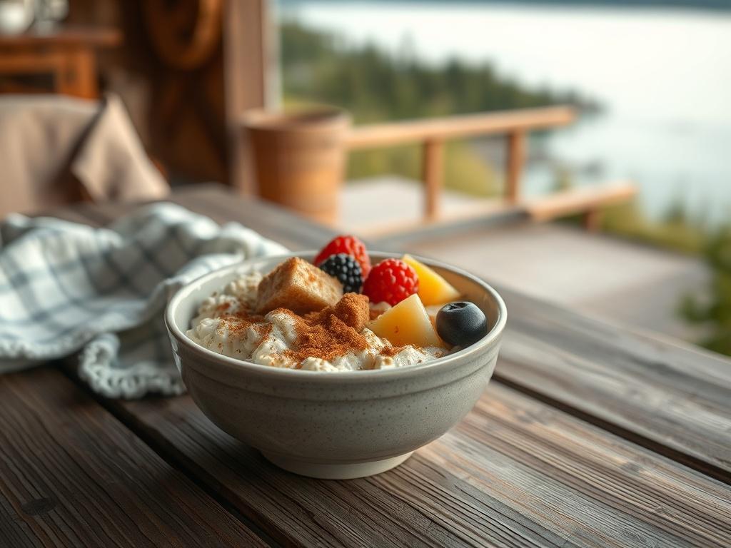 A realistic high-resolution photo of a warm bowl of oatmeal topped with brown sugar and fresh fruit, placed on a rustic wooden table with a cozy lakeside view in the background, soft tones and gentle lighting.